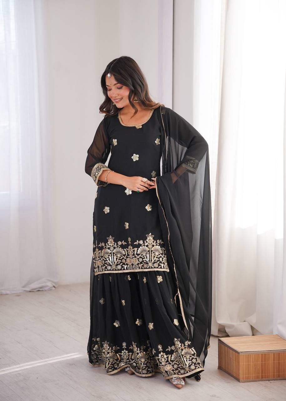 Black Georgette Sequence Embroidered Sharara Suit