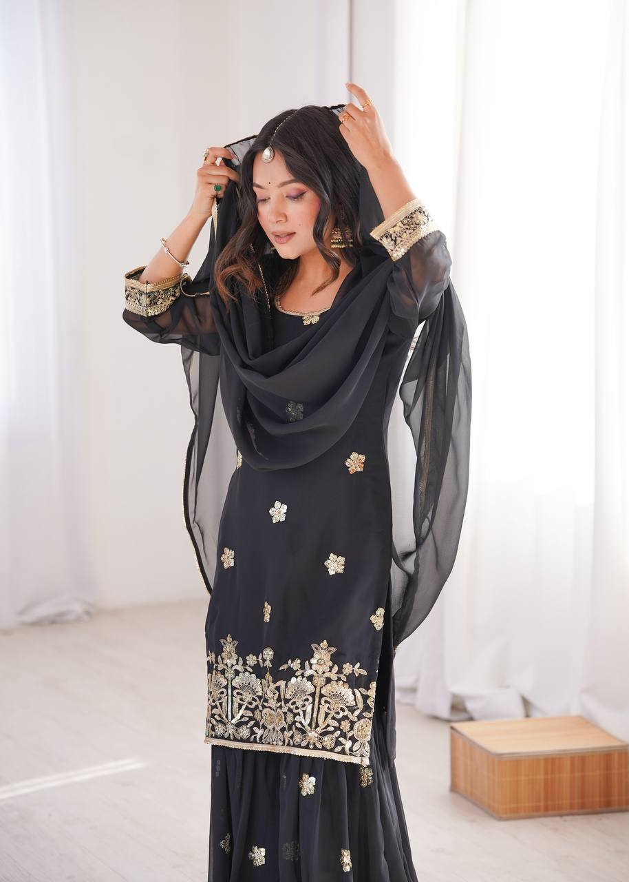 Black Georgette Sequence Embroidered Sharara Suit