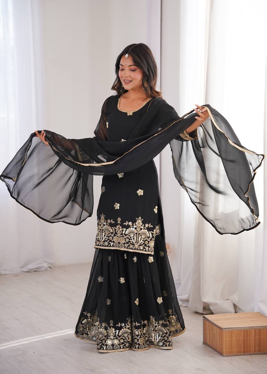 Black Georgette Sequence Embroidered Sharara Suit