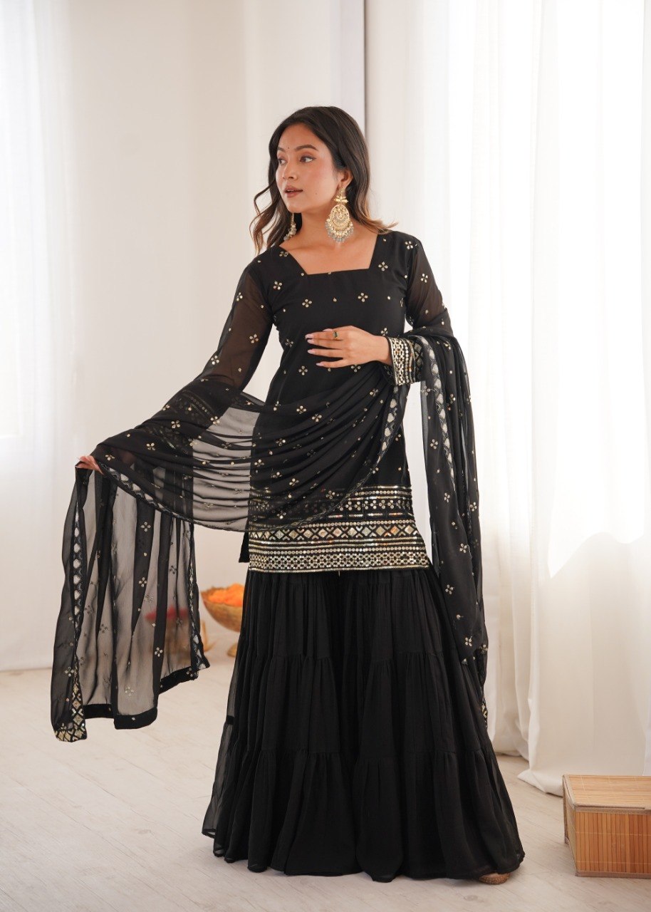 Black Georgette Sharara Suit with Embroidery Sequence Work