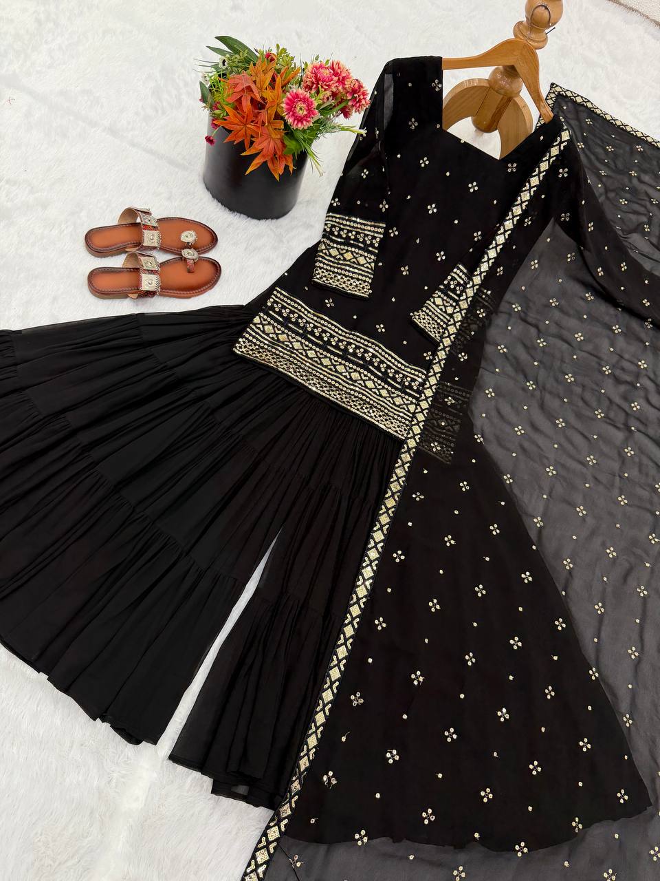 Black Georgette Sharara Suit with Embroidery Sequence Work