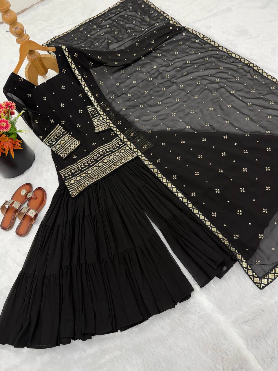 Black Georgette Sharara Suit with Embroidery Sequence Work