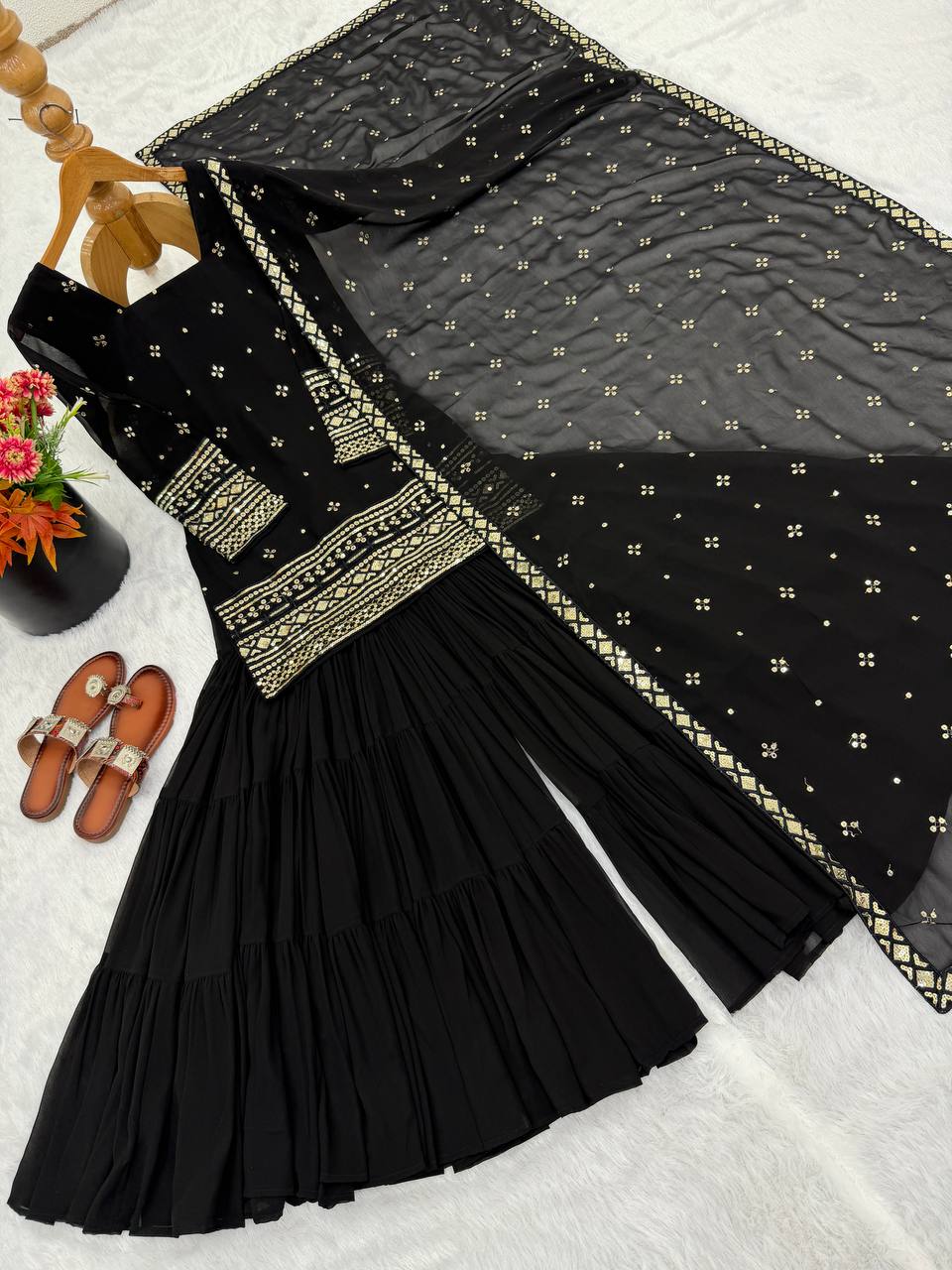 Black Georgette Sharara Suit with Embroidery Sequence Work