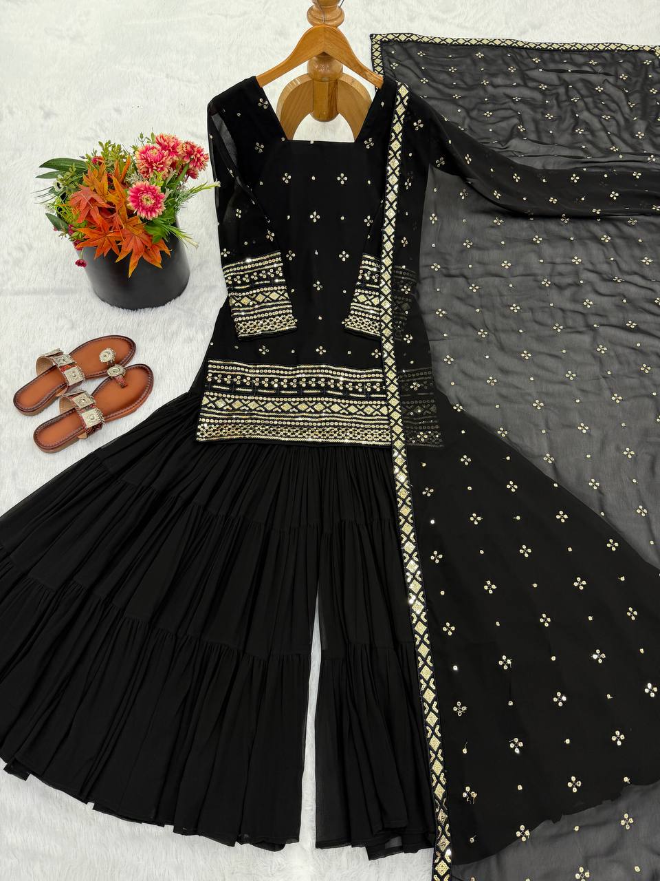 Black Georgette Sharara Suit with Embroidery Sequence Work