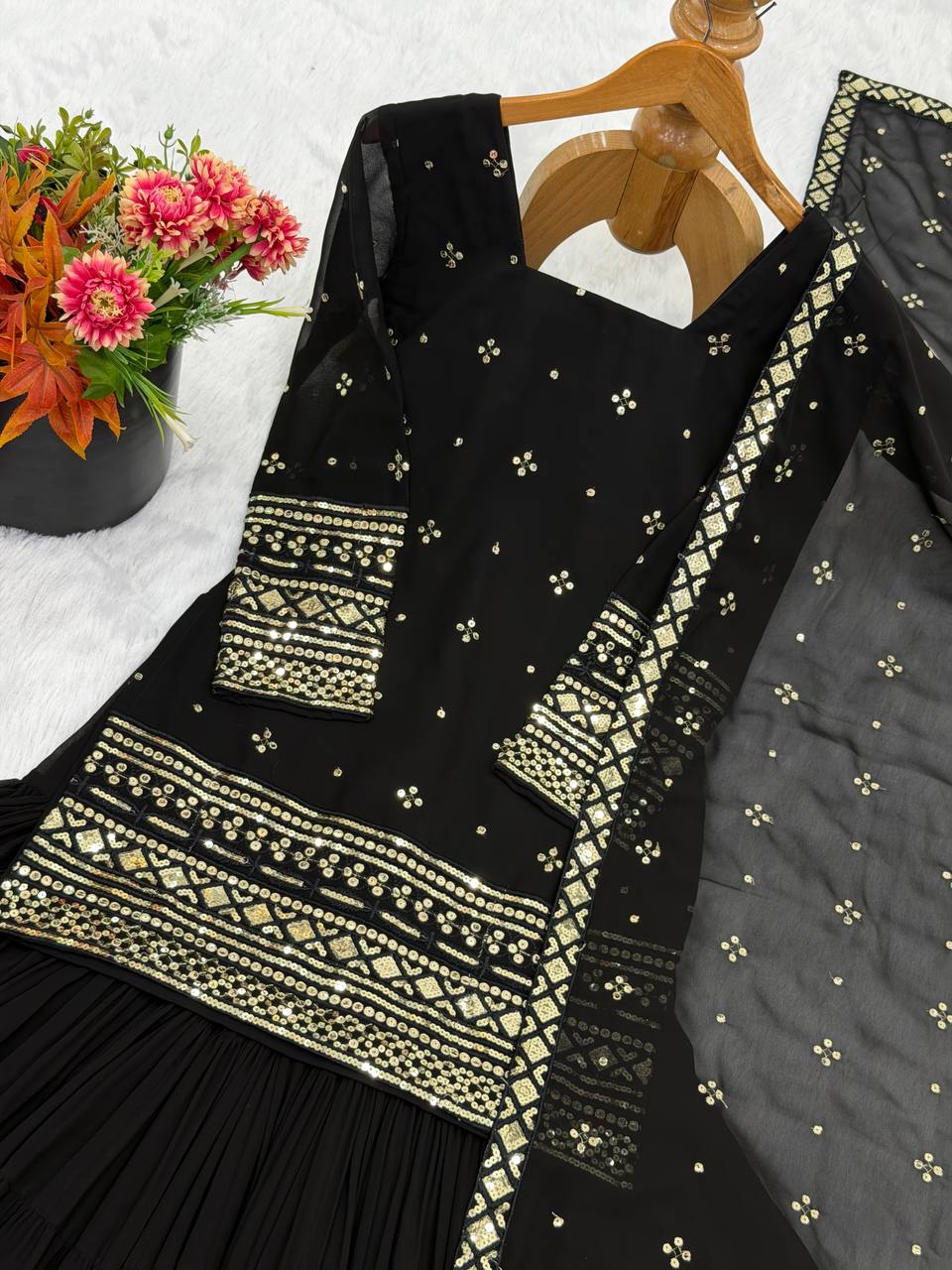 Black Georgette Sharara Suit with Embroidery Sequence Work