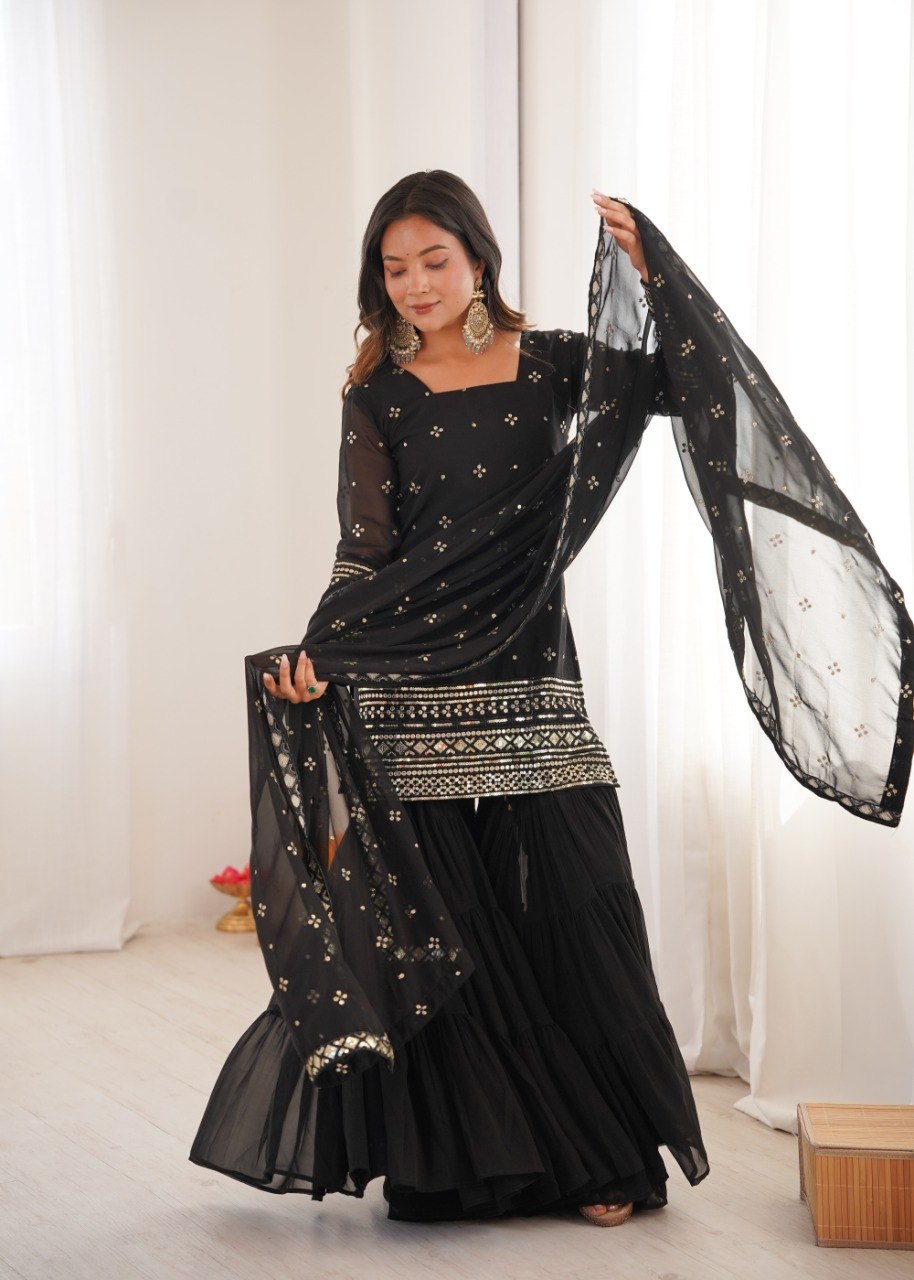 Black Georgette Sharara Suit with Embroidery Sequence Work