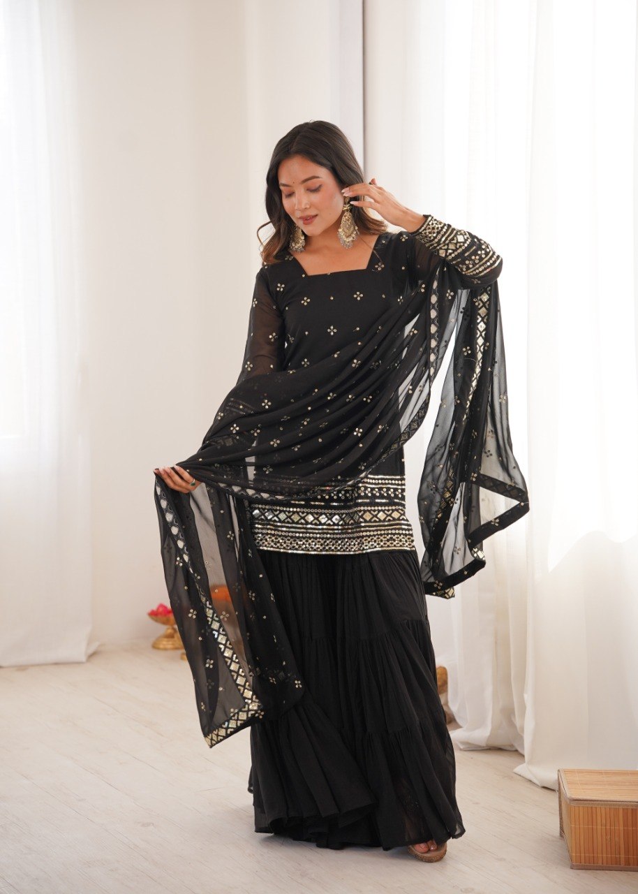 Black Georgette Sharara Suit with Embroidery Sequence Work