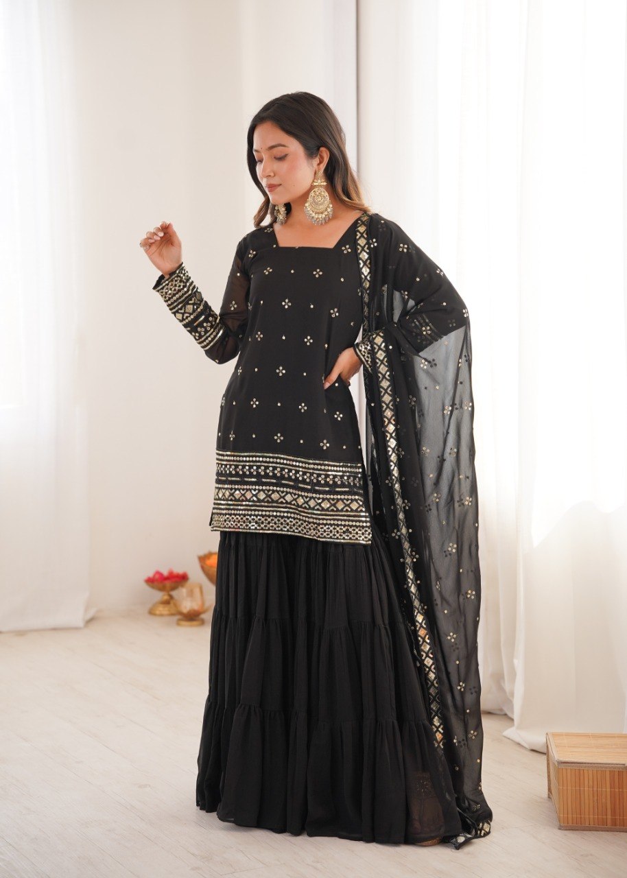 Black Georgette Sharara Suit with Embroidery Sequence Work
