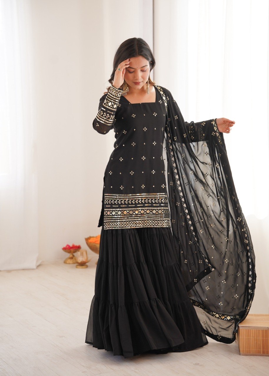 Black Georgette Sharara Suit with Embroidery Sequence Work