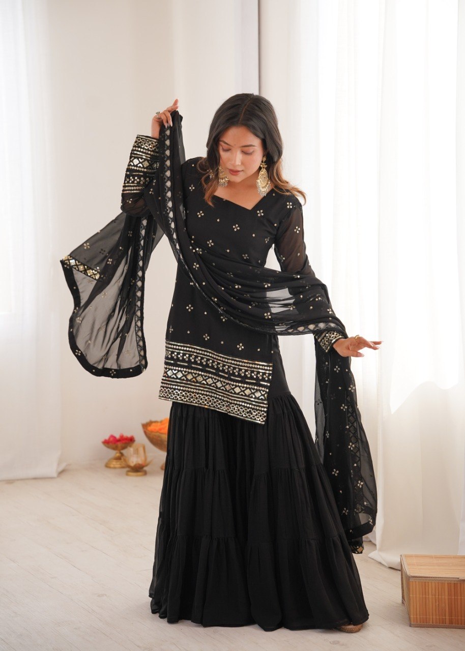 Black Georgette Sharara Suit with Embroidery Sequence Work
