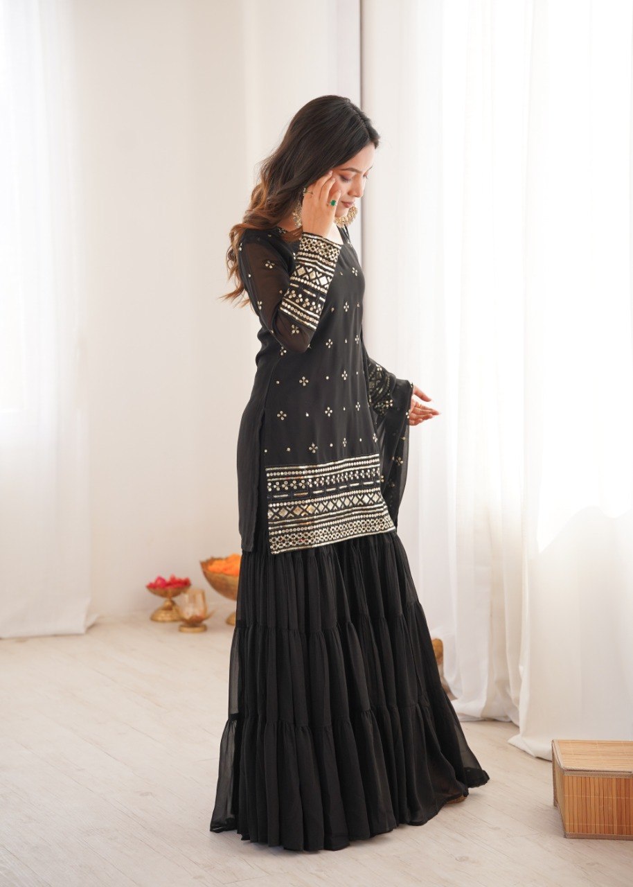 Black Georgette Sharara Suit with Embroidery Sequence Work