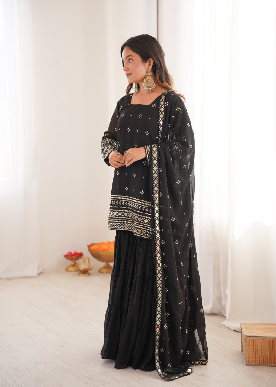 Black Georgette Sharara Suit with Embroidery Sequence Work