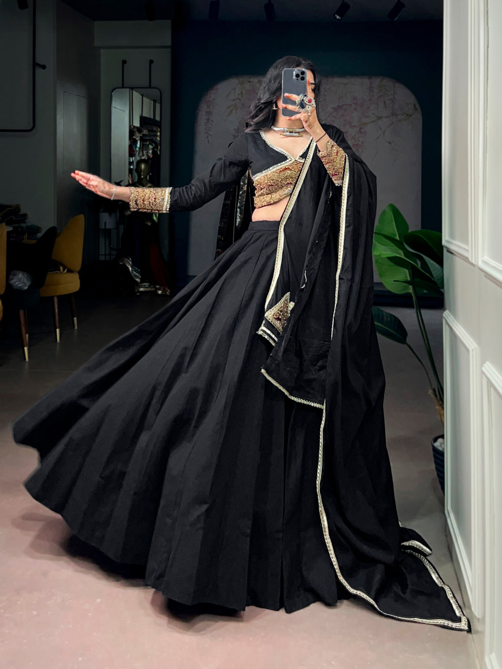 Black Khadi Cotton Lehenga Choli with Sequins and Thread Embroidery