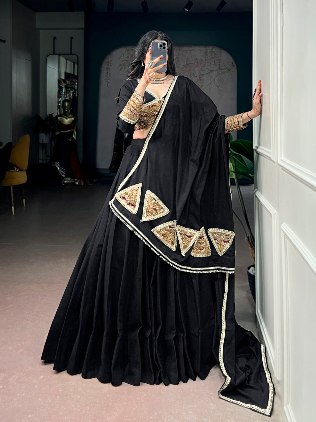 Black Khadi Cotton Lehenga Choli with Sequins and Thread Embroidery
