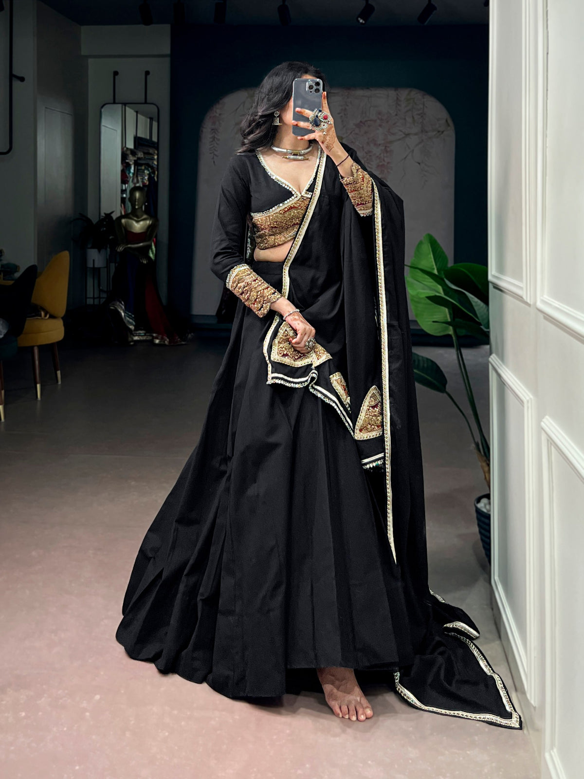Black Khadi Cotton Lehenga Choli with Sequins and Thread Embroidery