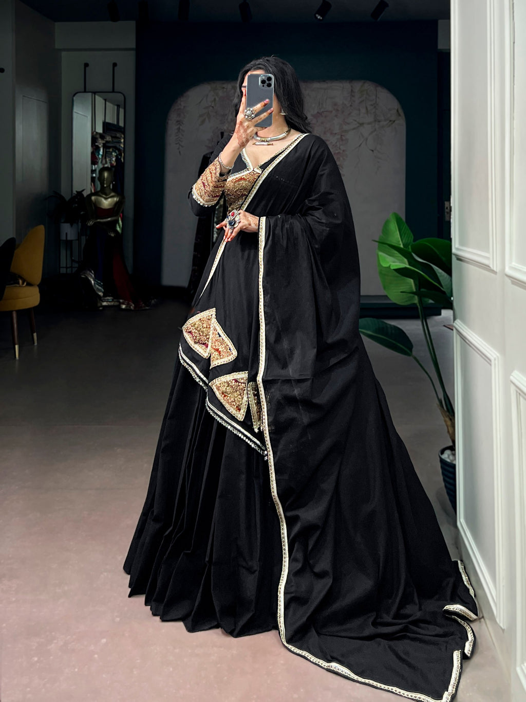 Black Khadi Cotton Lehenga Choli with Sequins and Thread Embroidery