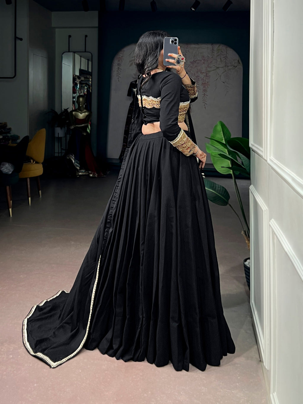 Black Khadi Cotton Lehenga Choli with Sequins and Thread Embroidery