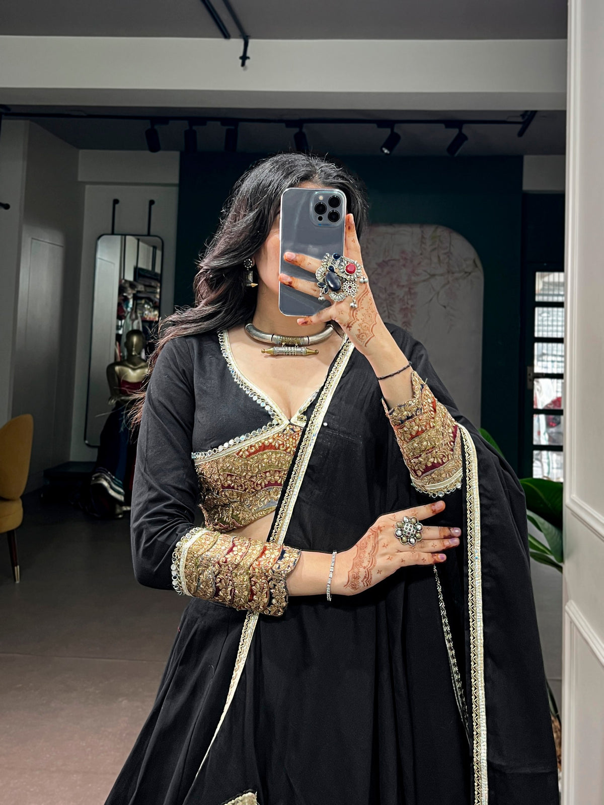 Black Khadi Cotton Lehenga Choli with Sequins and Thread Embroidery
