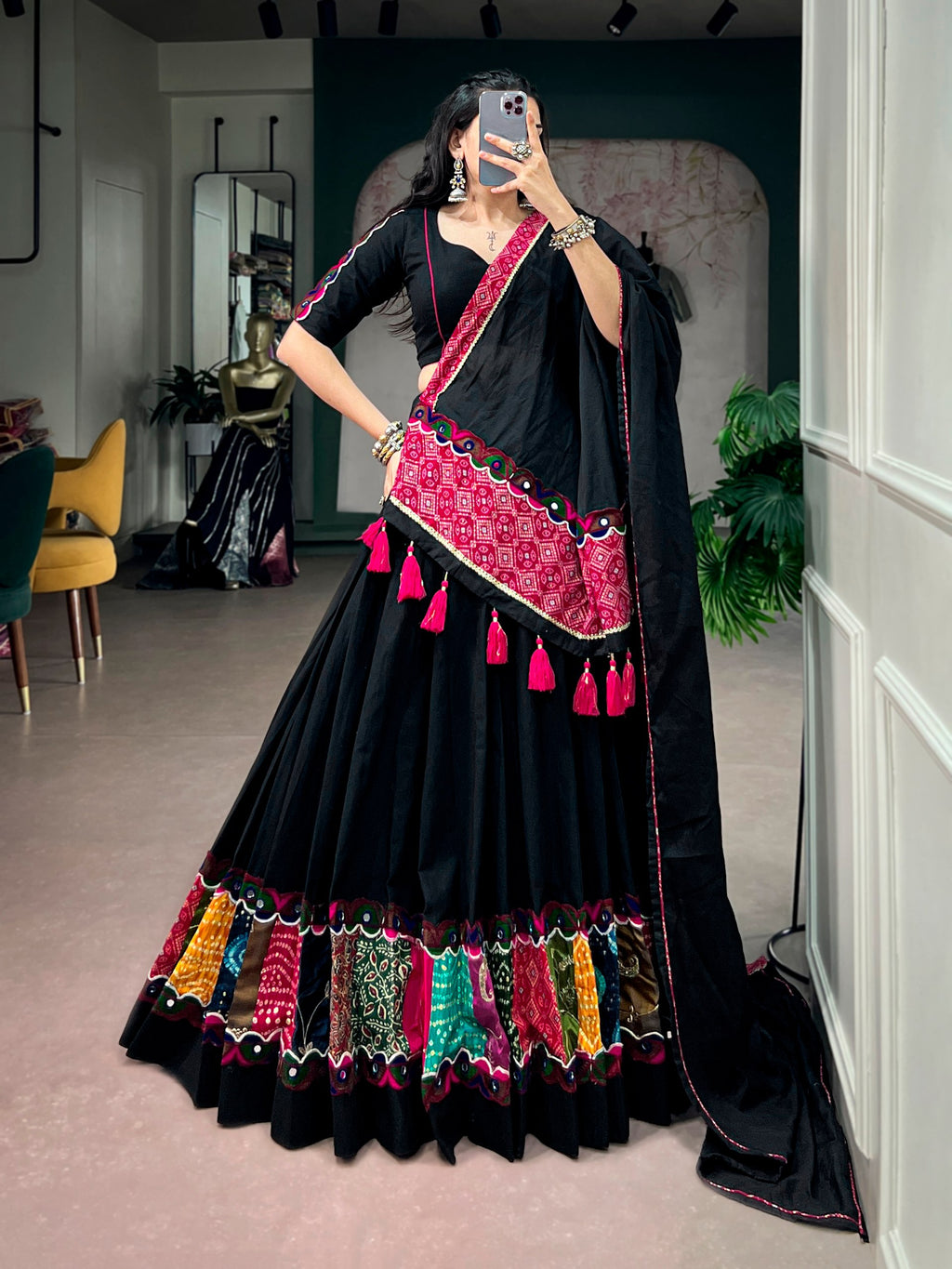 Black Khadi Cotton Navratri Lehenga Choli with Multicolor Patchwork