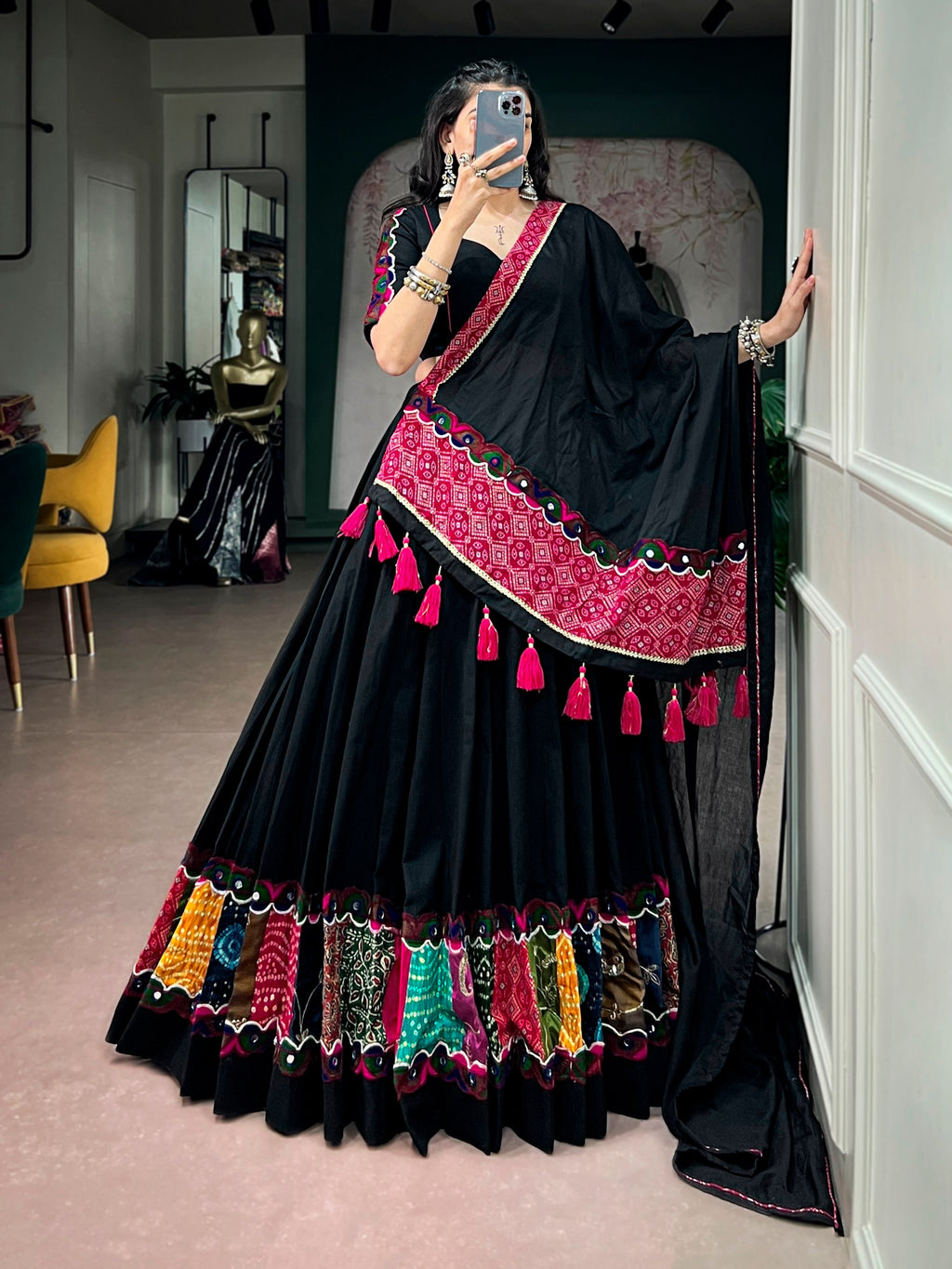 Black Khadi Cotton Navratri Lehenga Choli with Multicolor Patchwork