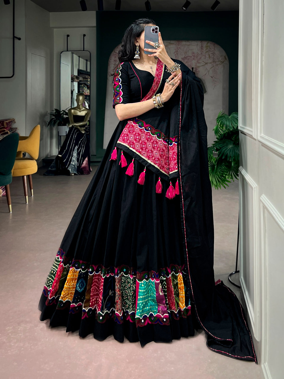 Black Khadi Cotton Navratri Lehenga Choli with Multicolor Patchwork