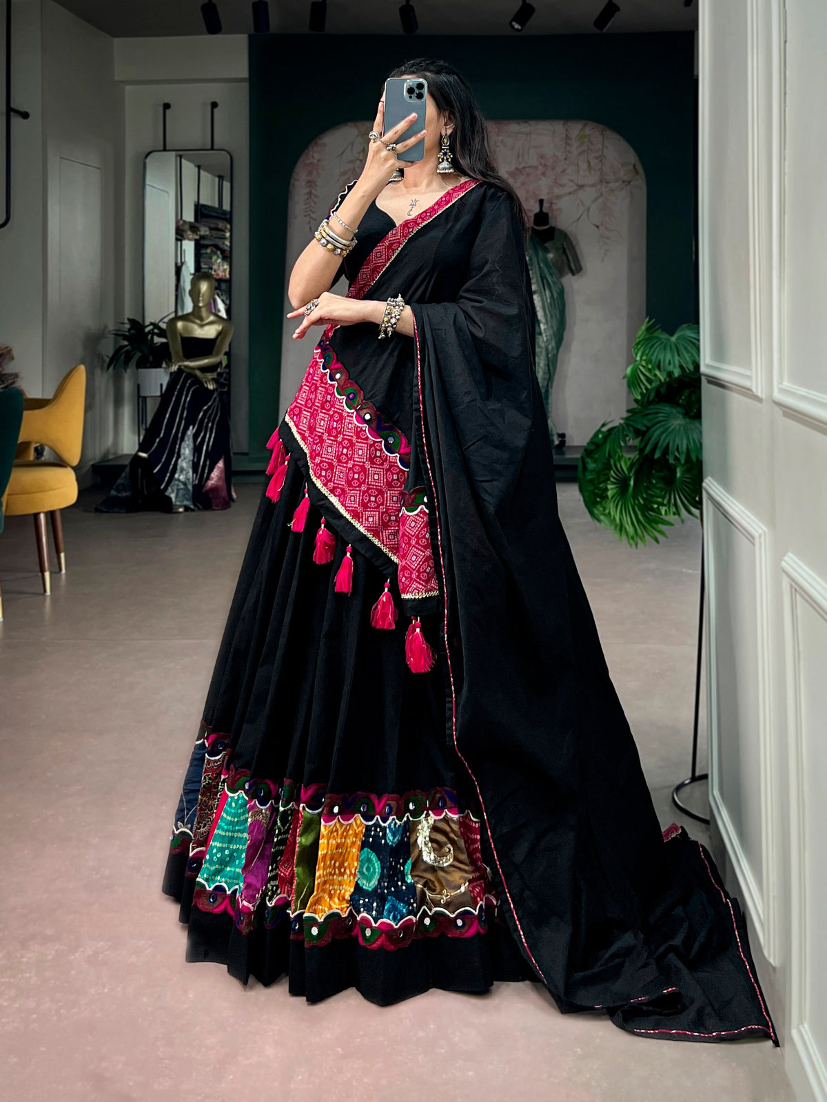 Black Khadi Cotton Navratri Lehenga Choli with Multicolor Patchwork