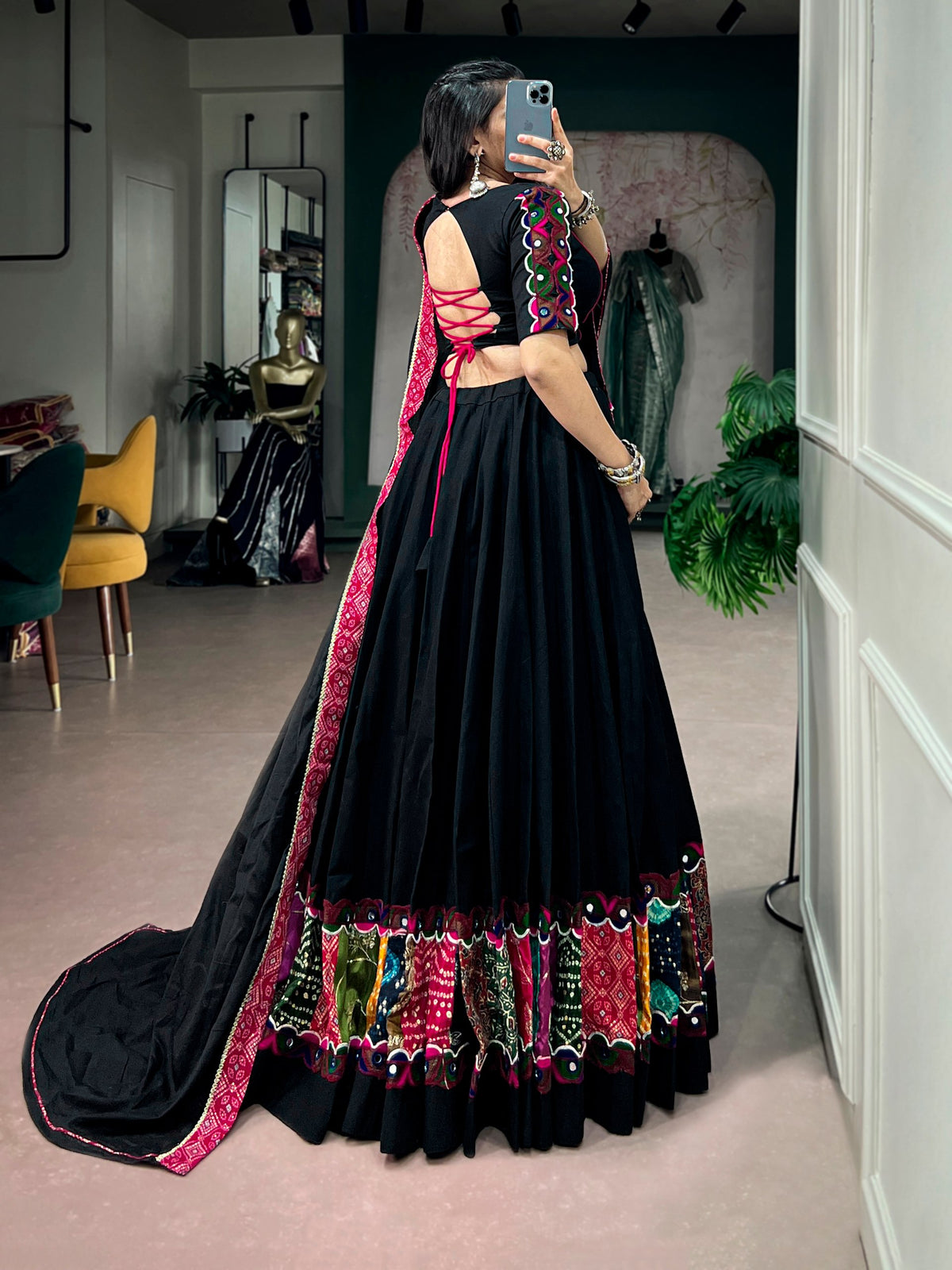 Black Khadi Cotton Navratri Lehenga Choli with Multicolor Patchwork