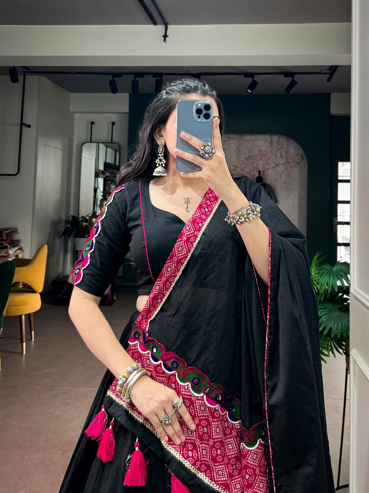 Black Khadi Cotton Navratri Lehenga Choli with Multicolor Patchwork