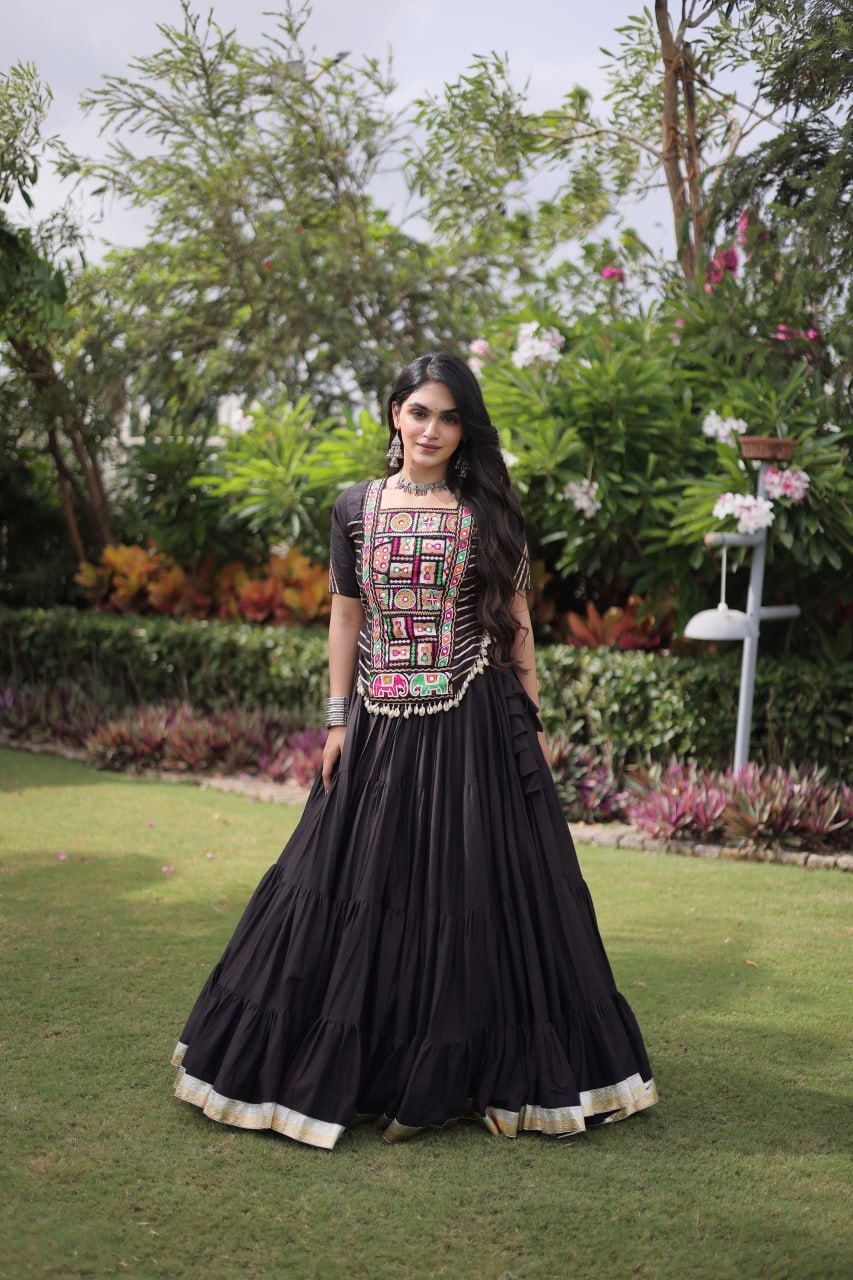 Kora Cotton Navratri Lehenga Choli with Kutchi Patchwork