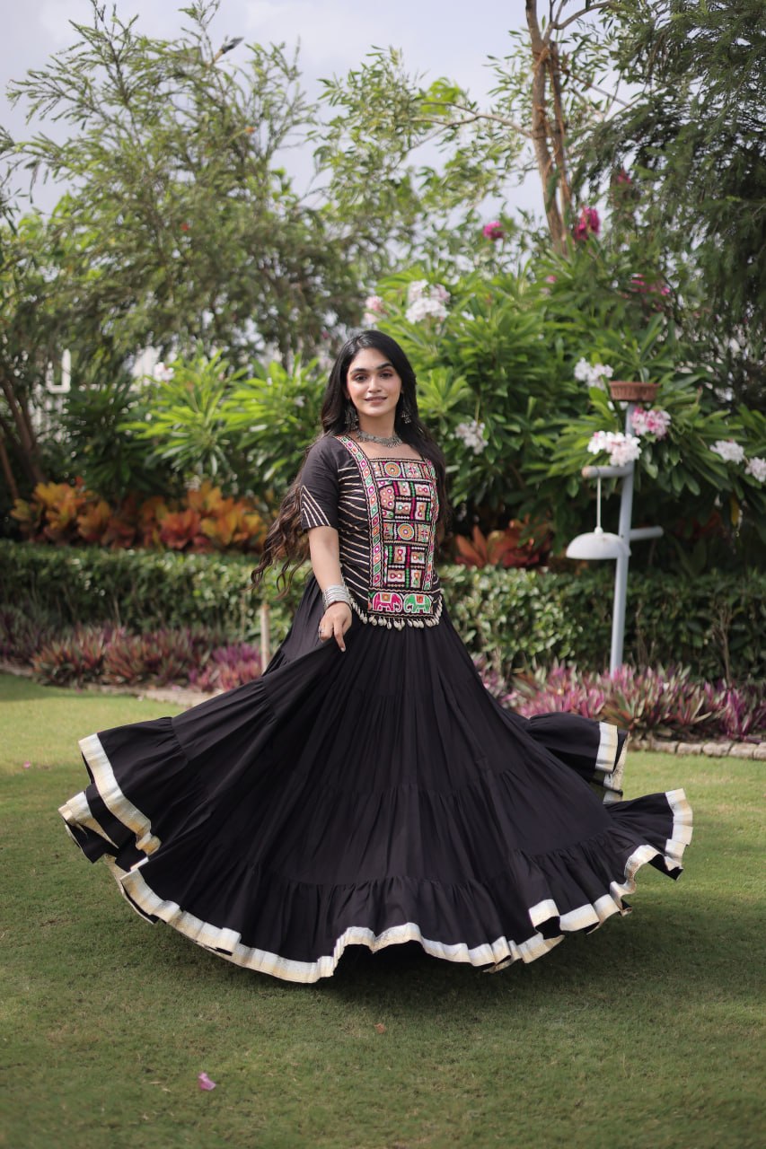 Kora Cotton Navratri Lehenga Choli with Kutchi Patchwork
