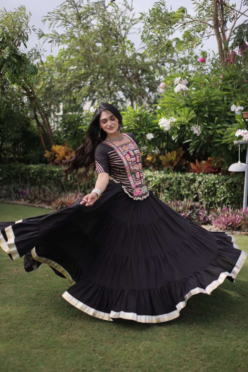 Kora Cotton Navratri Lehenga Choli with Kutchi Patchwork