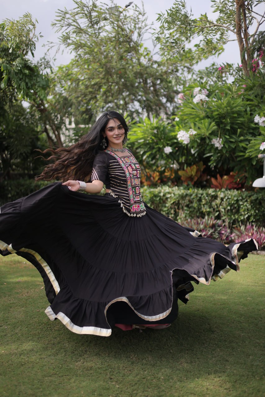 Kora Cotton Navratri Lehenga Choli with Kutchi Patchwork