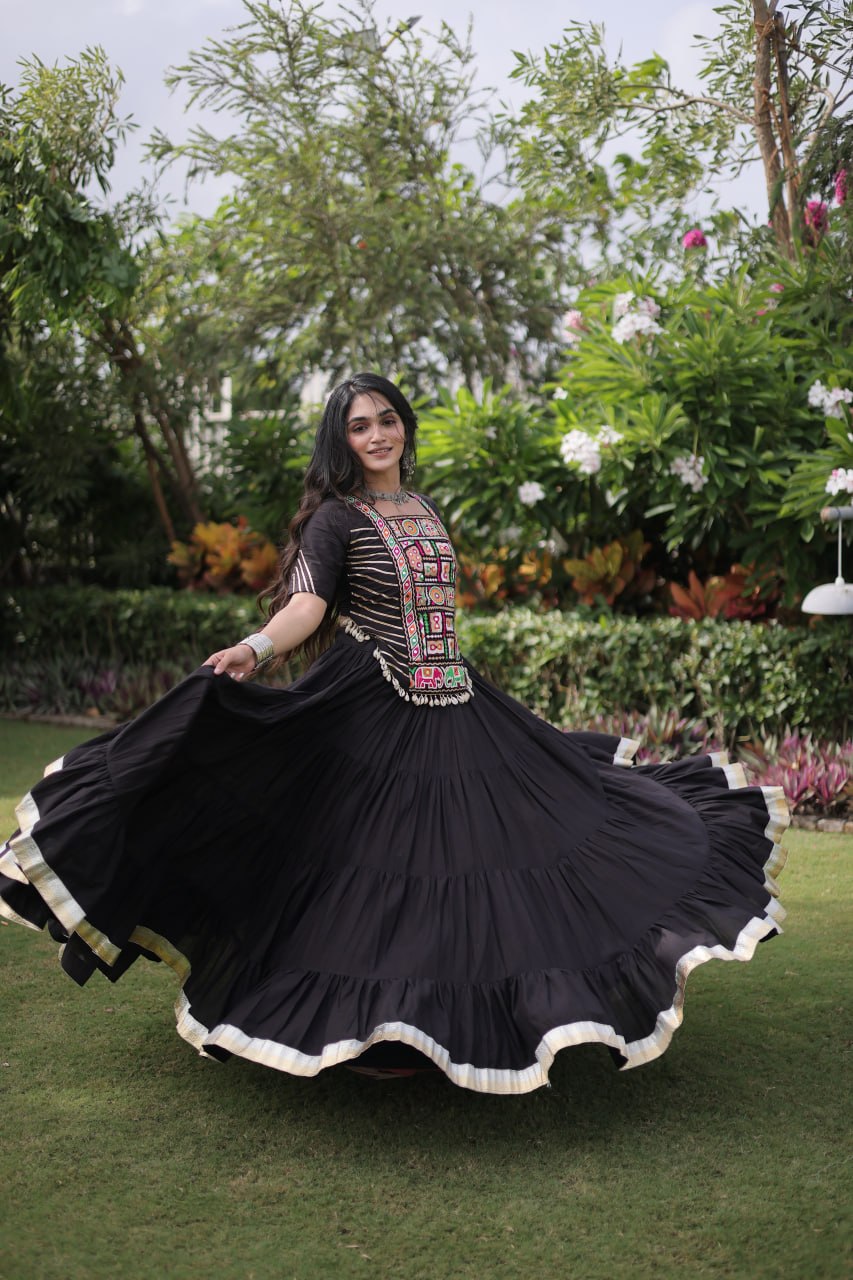 Kora Cotton Navratri Lehenga Choli with Kutchi Patchwork