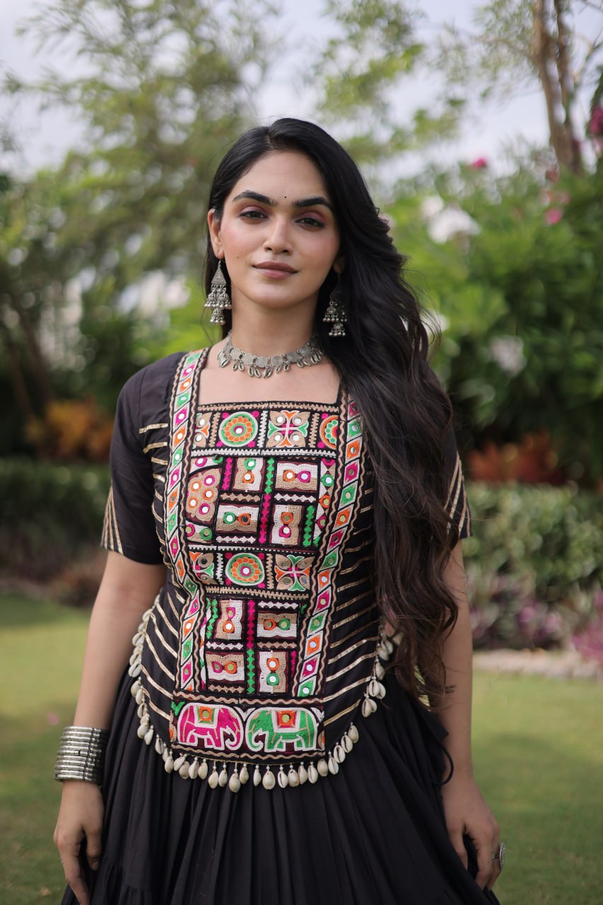Kora Cotton Navratri Lehenga Choli with Kutchi Patchwork