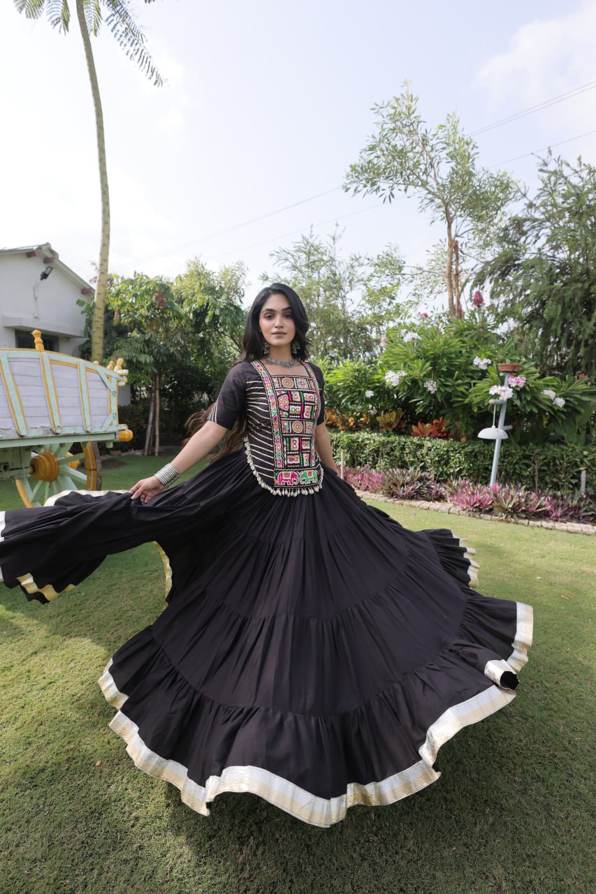 Kora Cotton Navratri Lehenga Choli with Kutchi Patchwork