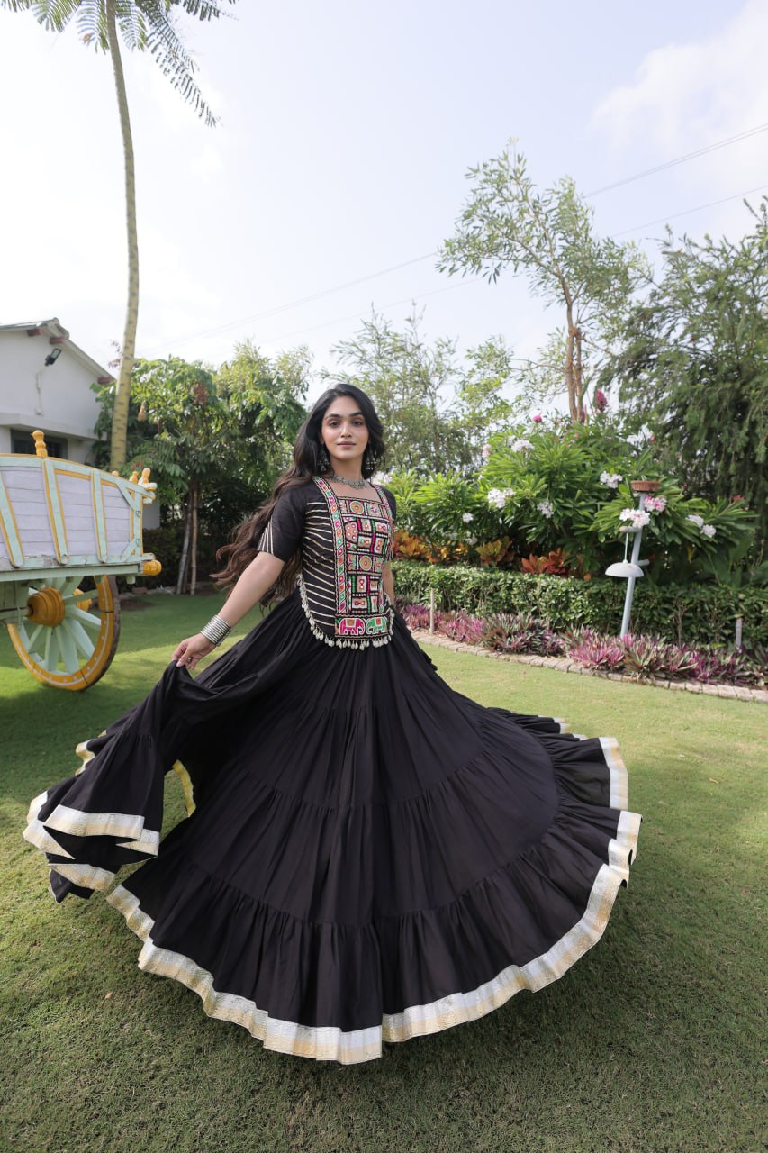 Kora Cotton Navratri Lehenga Choli with Kutchi Patchwork