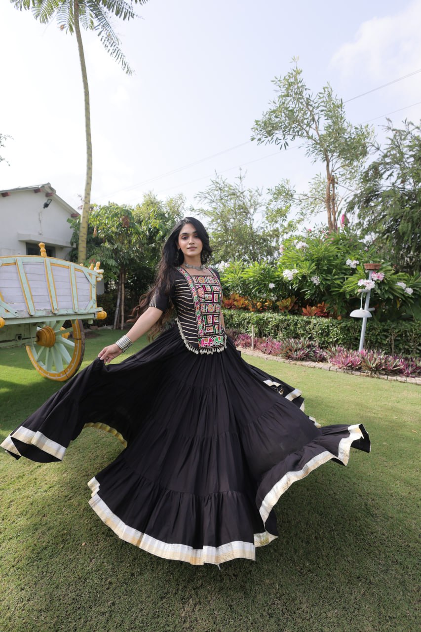 Kora Cotton Navratri Lehenga Choli with Kutchi Patchwork