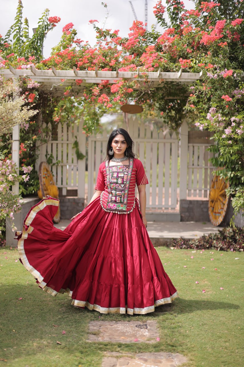 Kora Cotton Navratri Lehenga Choli with Kutchi Patchwork