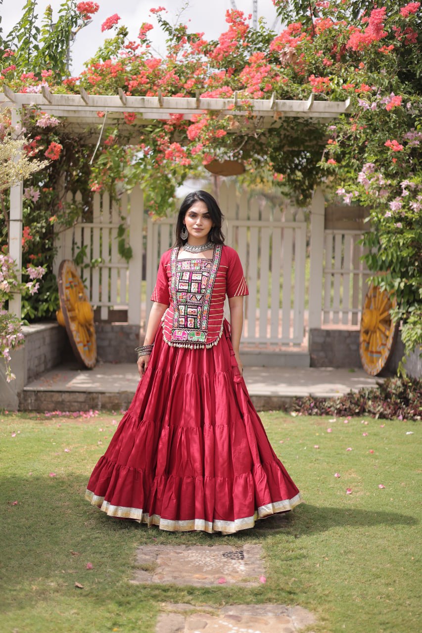 Kora Cotton Navratri Lehenga Choli with Kutchi Patchwork