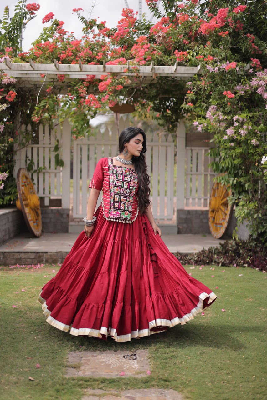 Kora Cotton Navratri Lehenga Choli with Kutchi Patchwork