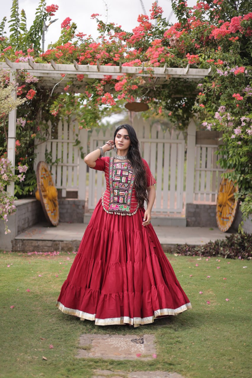 Kora Cotton Navratri Lehenga Choli with Kutchi Patchwork