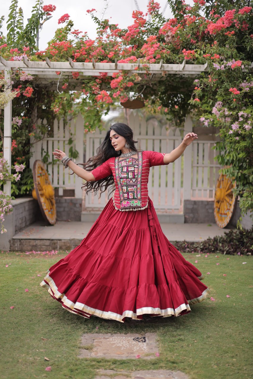 Kora Cotton Navratri Lehenga Choli with Kutchi Patchwork