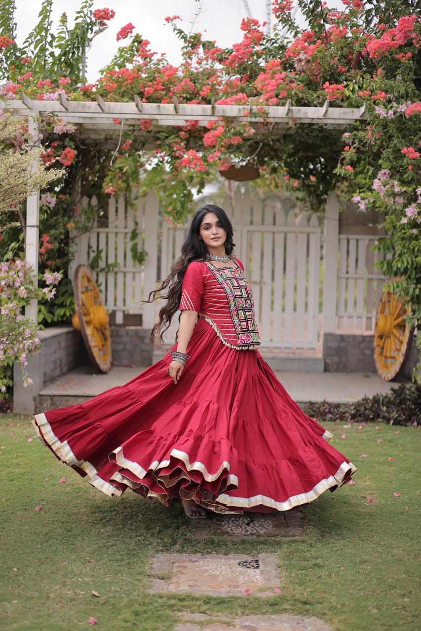 Kora Cotton Navratri Lehenga Choli with Kutchi Patchwork
