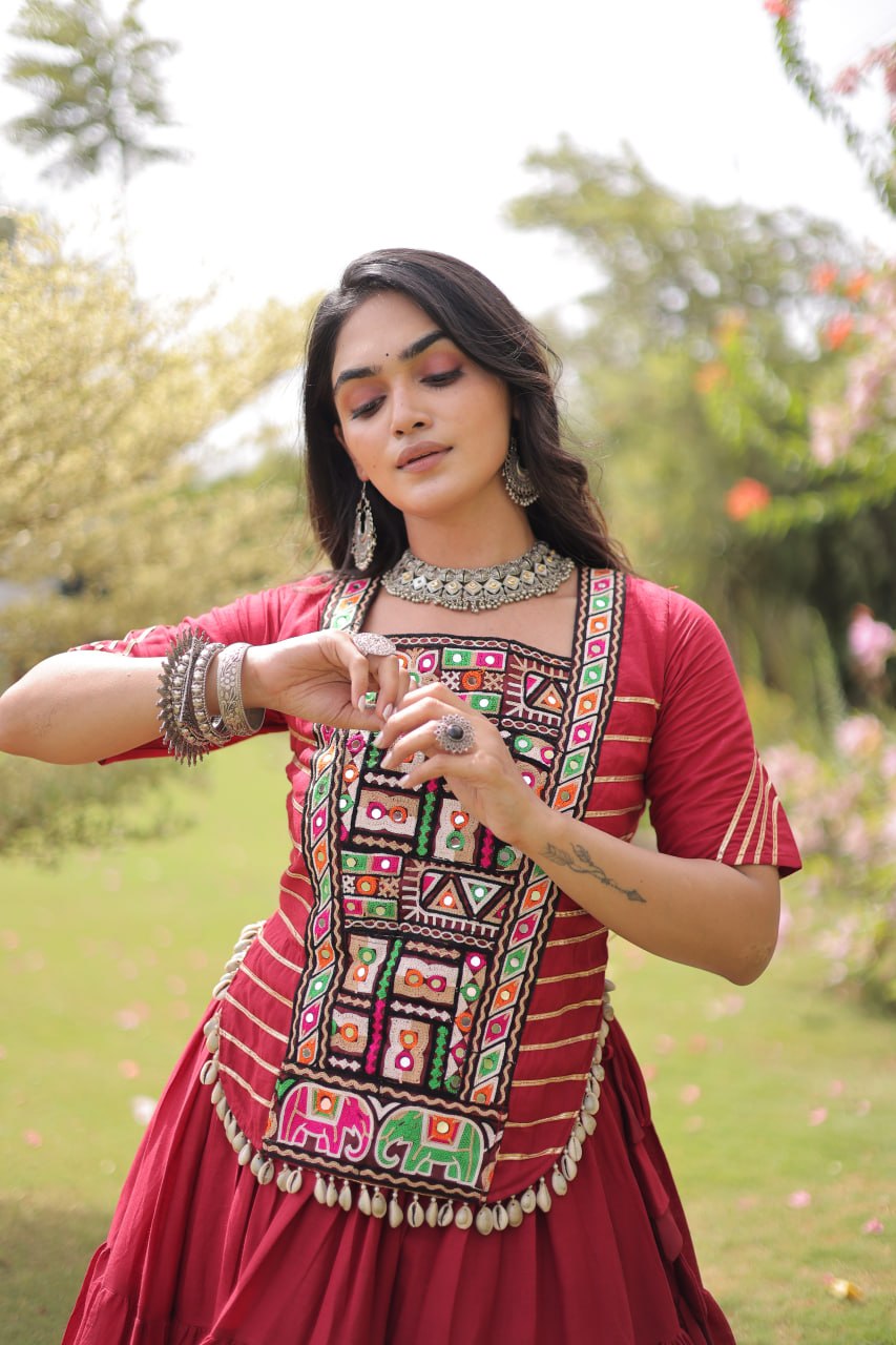 Kora Cotton Navratri Lehenga Choli with Kutchi Patchwork