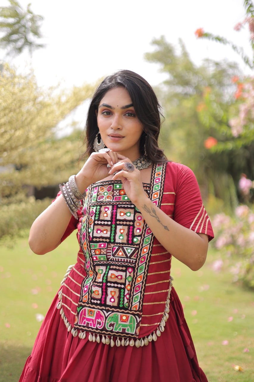 Kora Cotton Navratri Lehenga Choli with Kutchi Patchwork