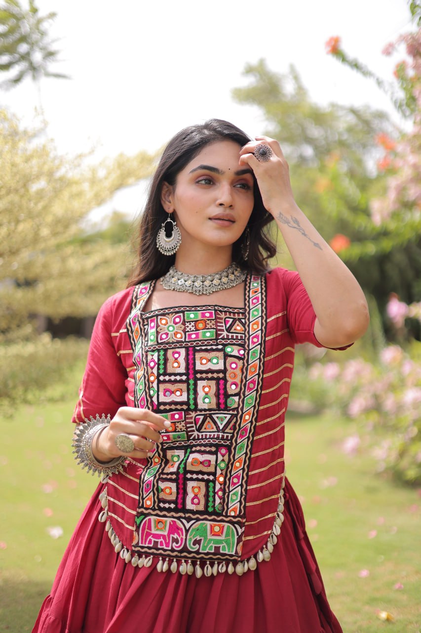 Kora Cotton Navratri Lehenga Choli with Kutchi Patchwork