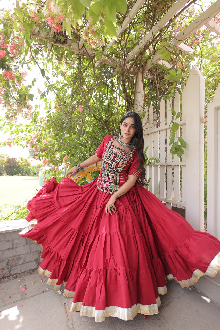 Kora Cotton Navratri Lehenga Choli with Kutchi Patchwork