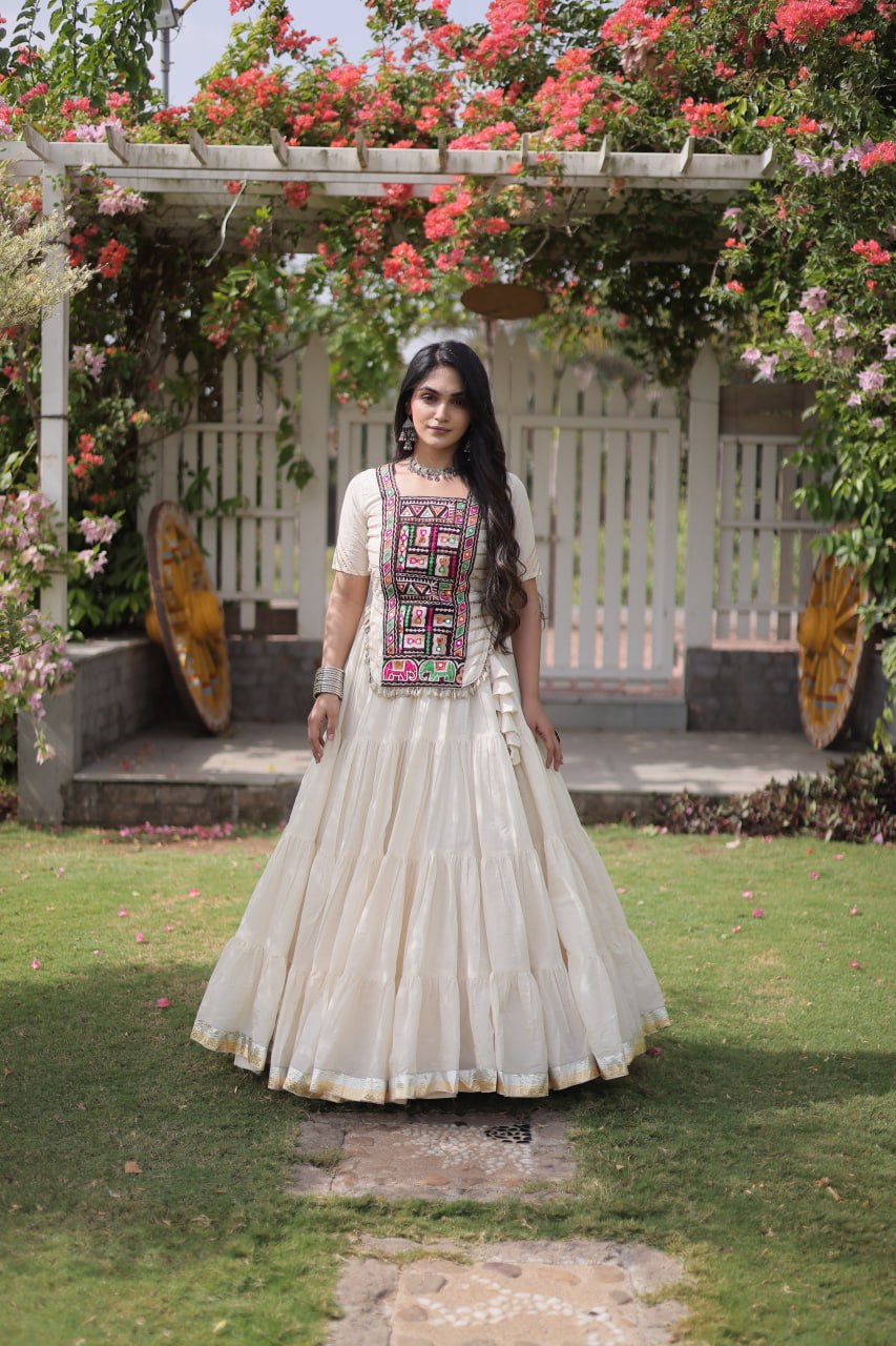 Kora Cotton Navratri Lehenga Choli with Kutchi Patchwork