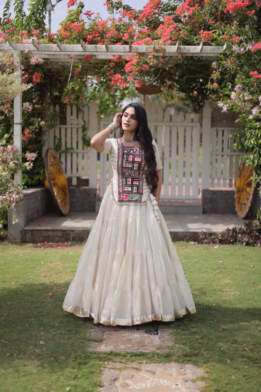 Kora Cotton Navratri Lehenga Choli with Kutchi Patchwork