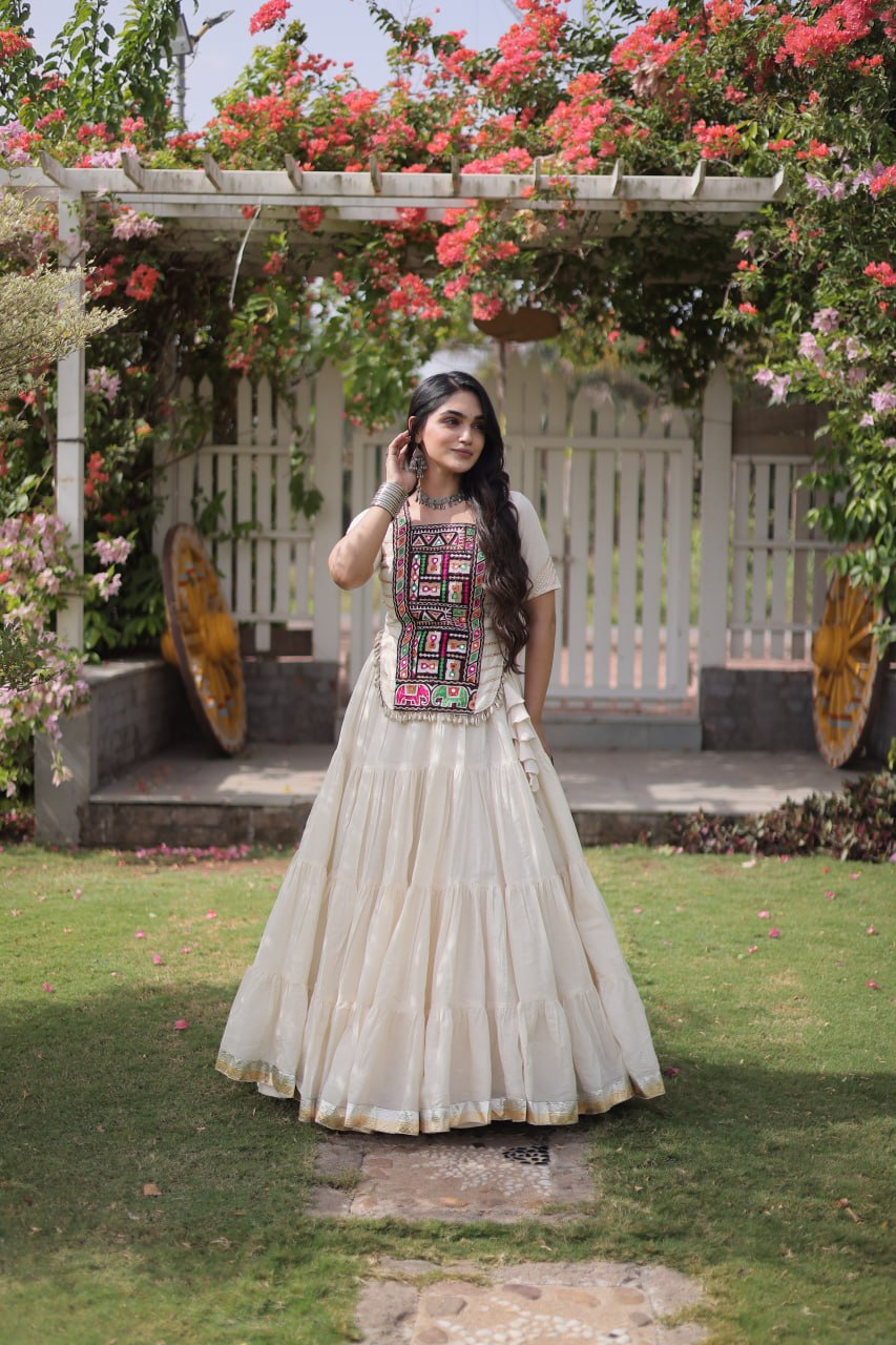 Kora Cotton Navratri Lehenga Choli with Kutchi Patchwork